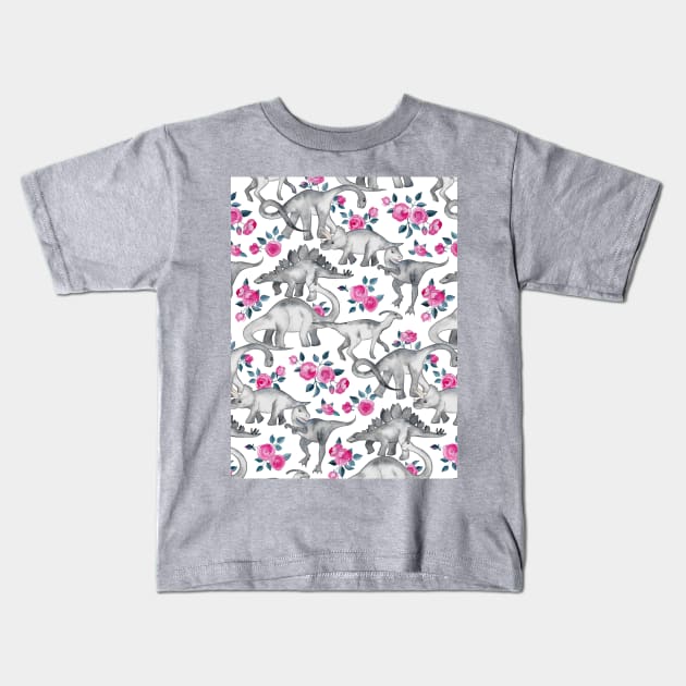 Dinosaurs and Roses – white Kids T-Shirt by micklyn